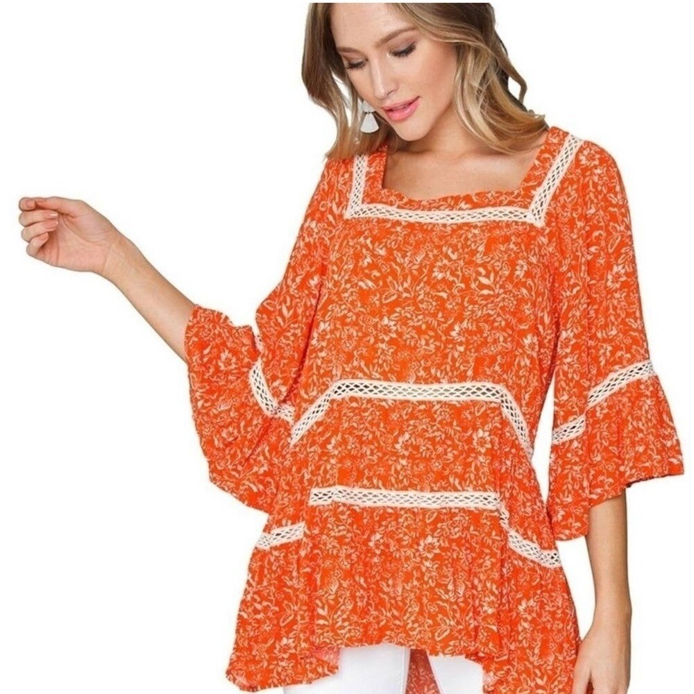 Free People Talk About It Orange Peasant FloralCrochet‎ Trim Top